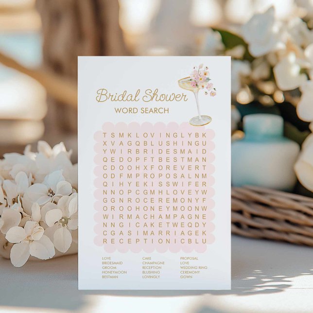 Sökordsspel Bröllopsspel Kronblad och Prosecco (Bridal Shower Pink Champagne Word Search Game)