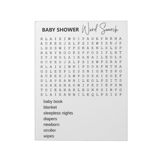 Sökordsspel för baby shower anteckningsblock (Roterad)