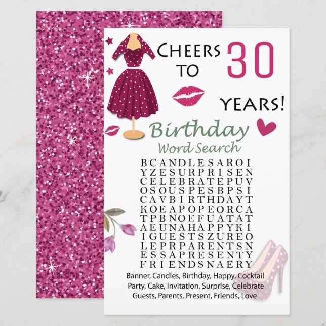 Sökspel för 30års födelsedag Ord (Fram/baksida)