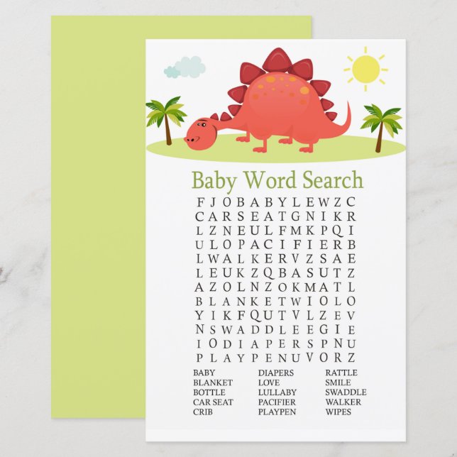 Sökspel för Dinosaur Baby Shower Ord (Fram/baksida)