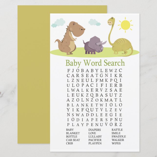 Sökspel för Dinosaur Baby Shower Ord (Fram/baksida)
