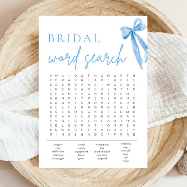 Sökspel för Dusty Blue Bow Möhippa Ord Inbjudningar (Watercolor Dusty Blue Bow Bridal Shower Word Search Game )