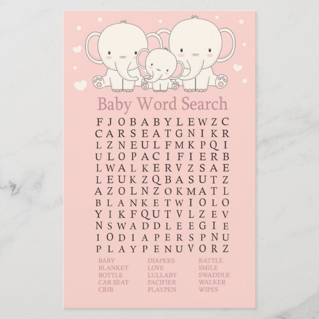 Sökspel för Elephant Baby Shower Ord (Framsida)