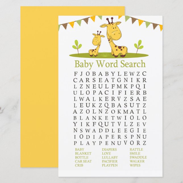 Sökspel för Ord i Cute giraffe Baby Shower (Fram/baksida)
