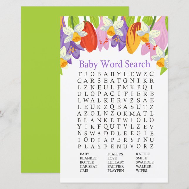Sökspel för Ord i Tulip Baby Shower (Fram/baksida)