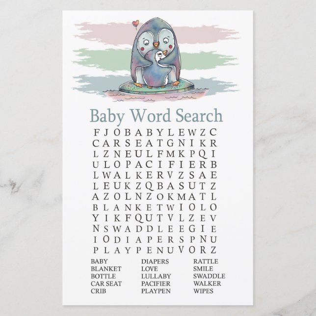 Sökspel för Penguin Baby Shower Ord (Framsida)