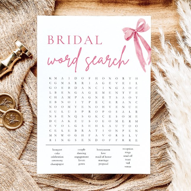 Sökspel för  Rosa Bow Möhippa Ord Inbjudningar (Blush Pink Bow Bridal Shower Word Search Game)