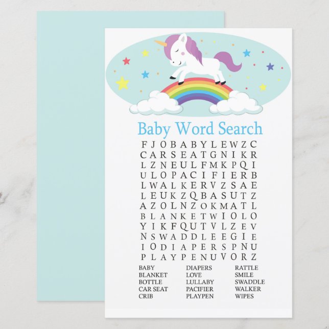 Sökspel för Unicorn Baby Shower Ord (Fram/baksida)