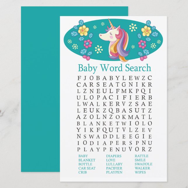 Sökspel för Unicorn Baby Shower Ord (Fram/baksida)
