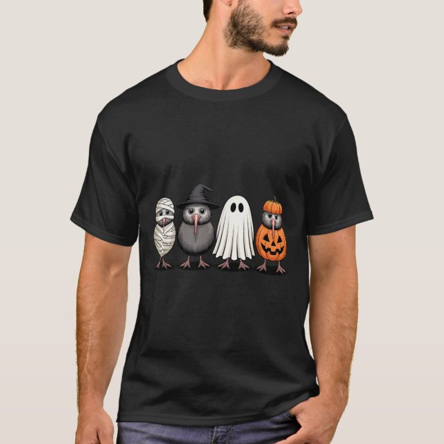 Soky Ghost Kiwi Bird Pumpkin Halloween Skeleton  T Shirt (Framsida)