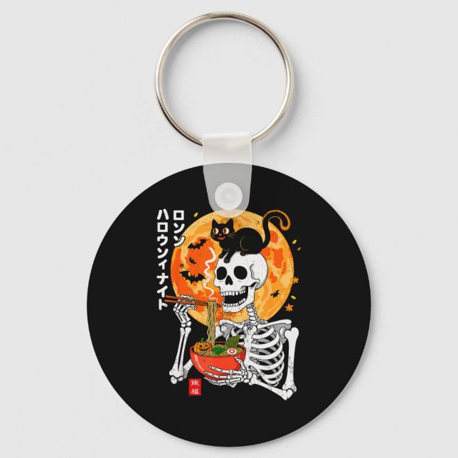 Soky Skeleton Eating Ramen Bowl With Cat Halloween Nyckelring (Framsida)