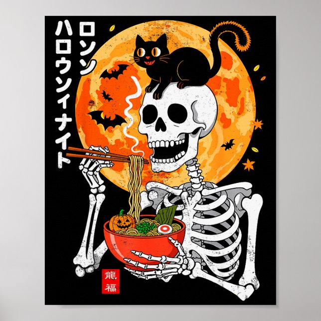 Soky Skeleton Eating Ramen Bowl With Cat Halloween Poster (Framsidan)