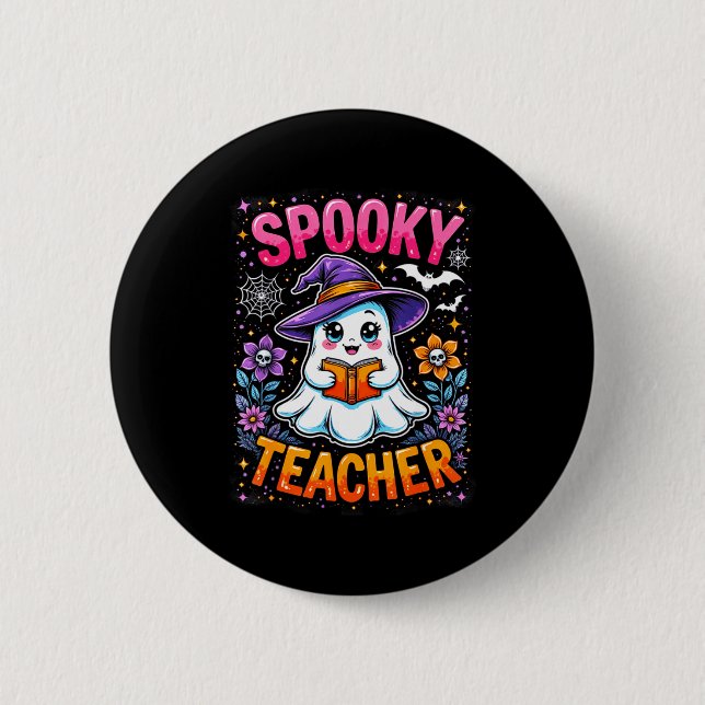 Soky Teacher Cute Ghost Reading Book Funny Hallo  Knapp (Framsida)