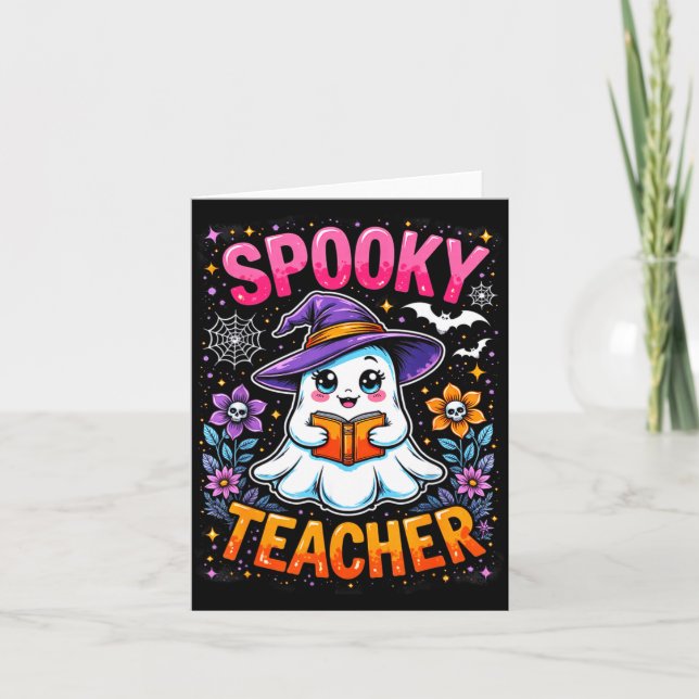 Soky Teacher Cute Ghost Reading Book Funny Hallo  Kort (Framsida)