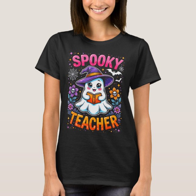 Soky Teacher Cute Ghost Reading Book Funny Hallo  T Shirt (Framsida)