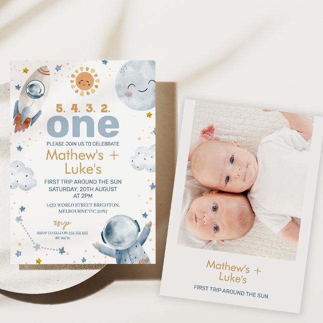 Sol 1:a födelsedag vid Sol 1:a födelsedag Inbjudningar (First trip around the sun birthday party invitation for twins boys, Twins First Trip Around the Sun )