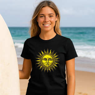 Sol Ansikts Himmelskt Konst Retro Träsnitt Stil T Shirt