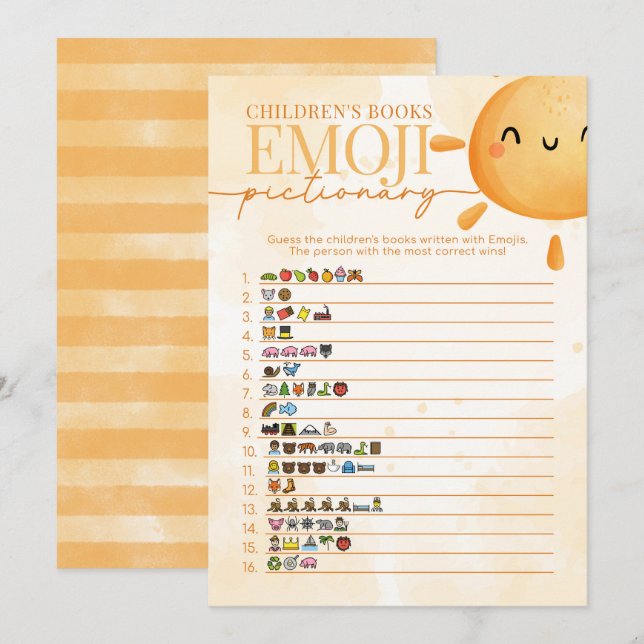 Sol Barns Bok Emoji Pictionary Shower Game Inbjudningar (Fram/baksida)