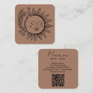 Sol Blommigt Boho Line Art Elegant QR Code Mocha Fyrkantigt Visitkort