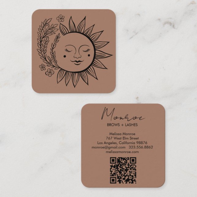Sol Blommigt Boho Line Art Elegant QR Code Mocha Fyrkantigt Visitkort (Fram/baksida)
