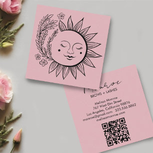 Sol Blommigt Boho Line Art Elegant QR Code Rosa Fyrkantigt Visitkort