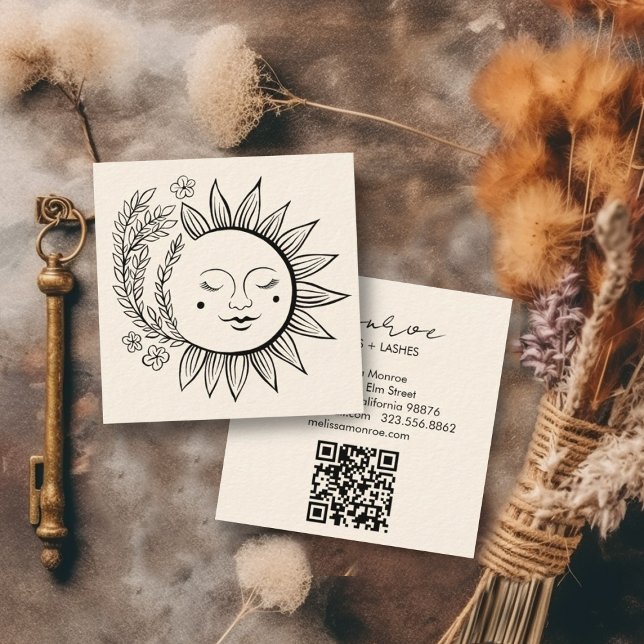 Sol Blommigt Boho Line Art Elegant QR-kod Cream Fyrkantigt Visitkort (Custom business cards with QR code, decorated with a sun and floral pattern. Add your own details)