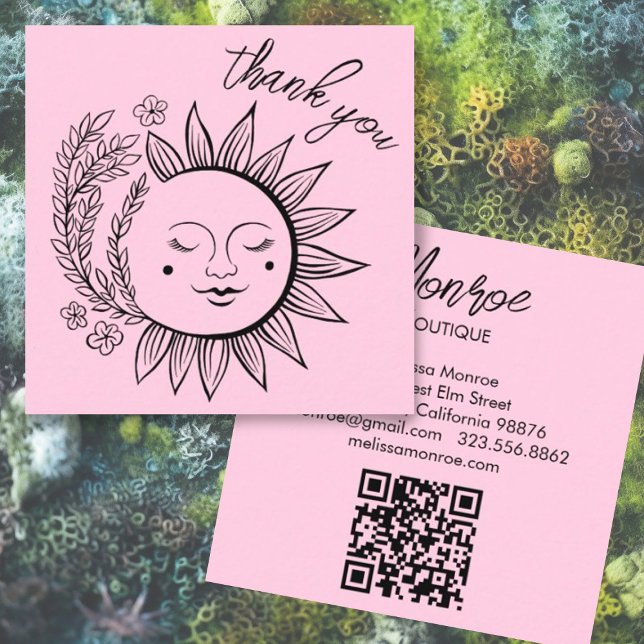 Sol Blommigt Boho TACK Elegant QR Code Rosa Fyrkantigt Visitkort (Thank you for your order card with botanical sun logo design and custom QR code in pink)