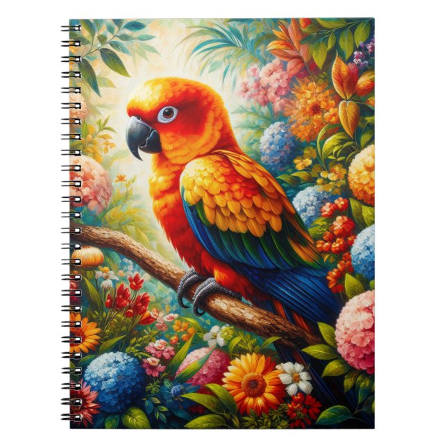 Sol Conure Parrot med färgade blommor Anteckningsbok (Framsidan)
