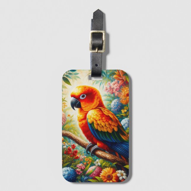 Sol Conure Parrot med färgade blommor Bagagebricka (Framsida vertikal)