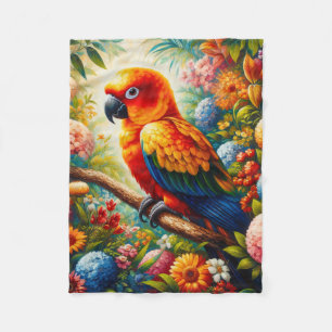 Sol Conure Parrot med färgade blommor Fleecefilt