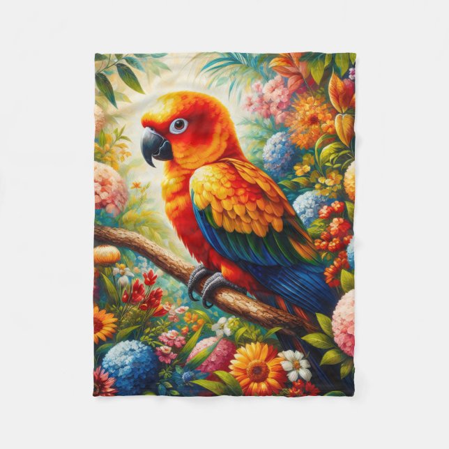 Sol Conure Parrot med färgade blommor Fleecefilt (Framsidan)