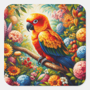 Sol Conure Parrot med färgade blommor Fyrkantigt Klistermärke