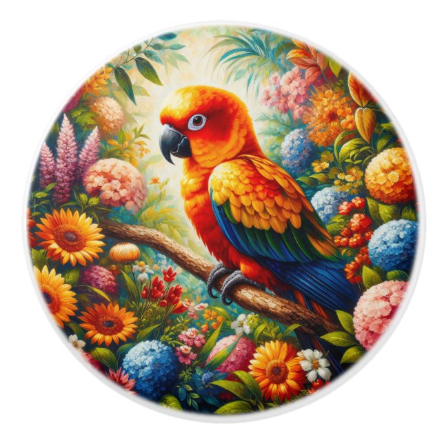 Sol Conure Parrot med färgade blommor Knopp (Framsidan)
