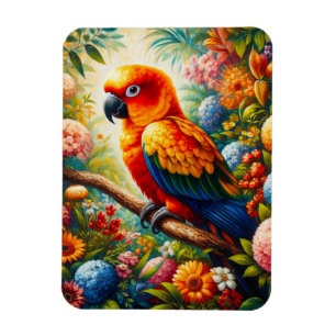 Sol Conure Parrot med färgade blommor Magnet