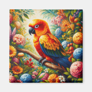Sol Conure Parrot med färgade blommor Magnet