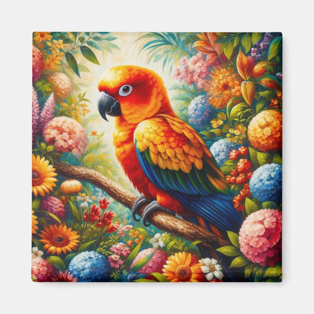 Sol Conure Parrot med färgade blommor Magnet (Framsidan)