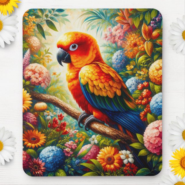 Sol Conure Parrot med färgade blommor Musmatta (Skapare uppladdad)