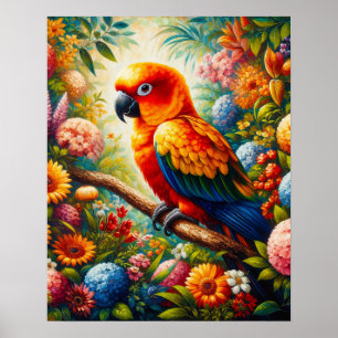 Sol Conure Parrot med färgade blommor Poster
