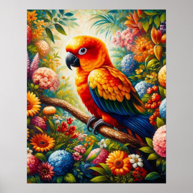 Sol Conure Parrot med färgade blommor Poster (Framsidan)