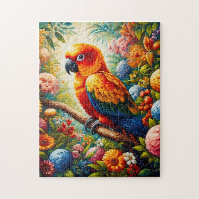 Sol Conure Parrot med färgade blommor Pussel (Vertikal)