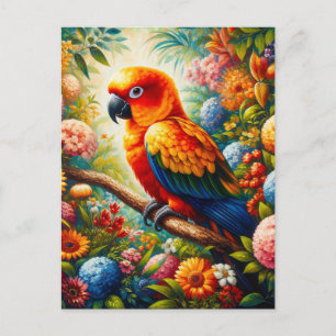 Sol Conure Parrot med färgade blommor Vykort