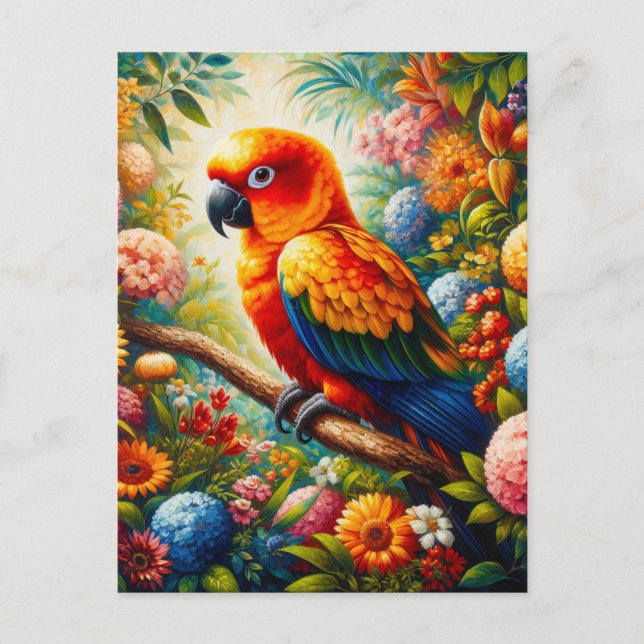 Sol Conure Parrot med färgade blommor Vykort (Framsida)