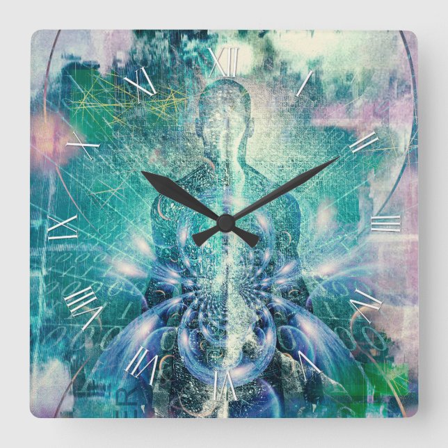 Sol- eller aura-kod och binärkod fyrkantig klocka (Framsida)