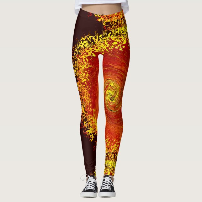 Sol explosion gul orange brun abstrakt mönster leggings (Framsida)