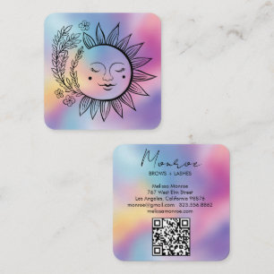 Sol Floral Boho Linje Konst Elegant QR-kod Regnbåg Fyrkantigt Visitkort