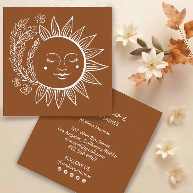 Sol Flowers Boho Line Art Earthy Social Media Fyrkantigt Visitkort (Pretty boho herbs and floral sun line art. Edit the text and social icons to suit your needs & shine)