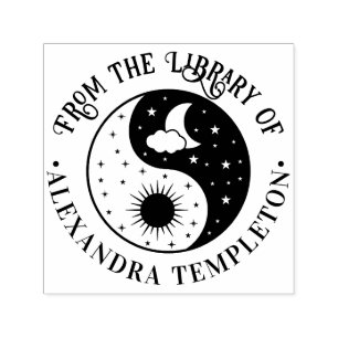 Sol Halvmåne Stjärnor Yin Yang Bibliotek Boktitel Självfärgande Stämpel