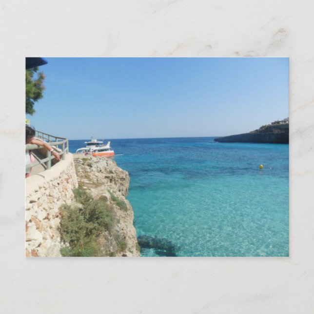 Sol, hav och orange båt vykort (Framsida)