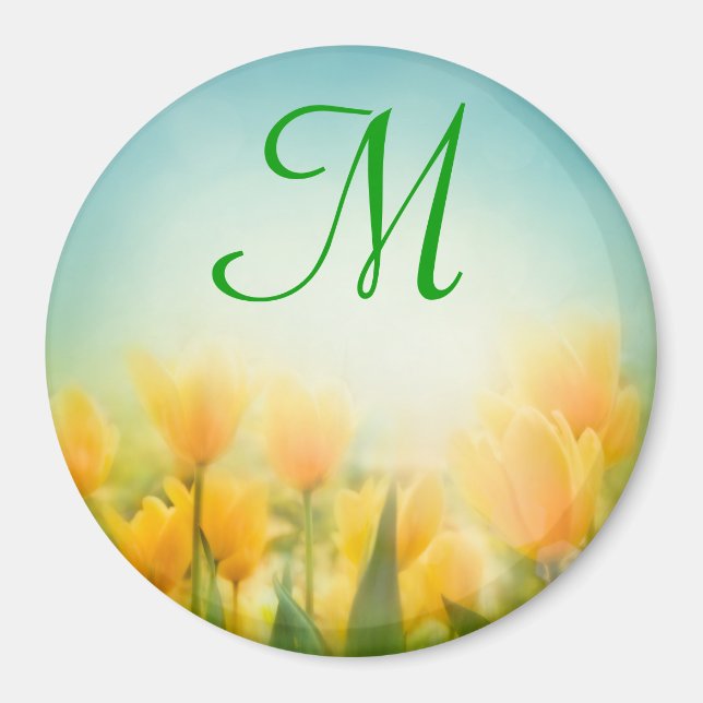 Sol Kissed Gult Tulips Monogram Initial Magnet (Framsidan)