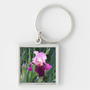 Sol-kyld Rosa Iris Flower Fyrkantig Silverfärgad Nyckelring